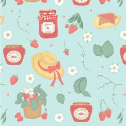 Strawberry Picking Organic Cotton Fabric, Jam Jars