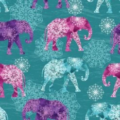 Elephant Festival Organic Cotton Fabric, Ink Elephants