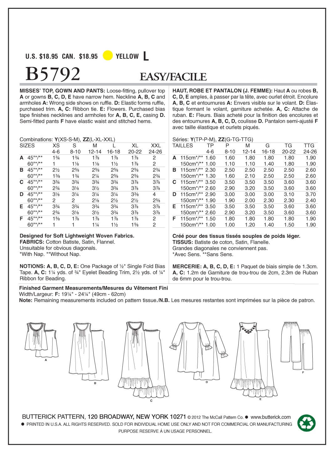 Butterick 5792 Misses' Nightwear Pattern Top, Gown And Pants 7 Butterick 5792 Misses' Nightwear Pattern Top, Gown And Pants - Image 7