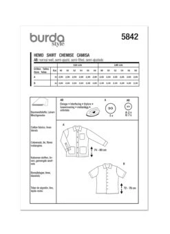 Burda Style 5842 Men's Shirt Pattern -Jaycotts Shop B5842 envelope back