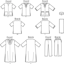 Butterick 6748 Misses'/Men's Tunic, Caftan, Pants Hat And Head Wrap Pattern -Jaycotts Shop B6748 line art