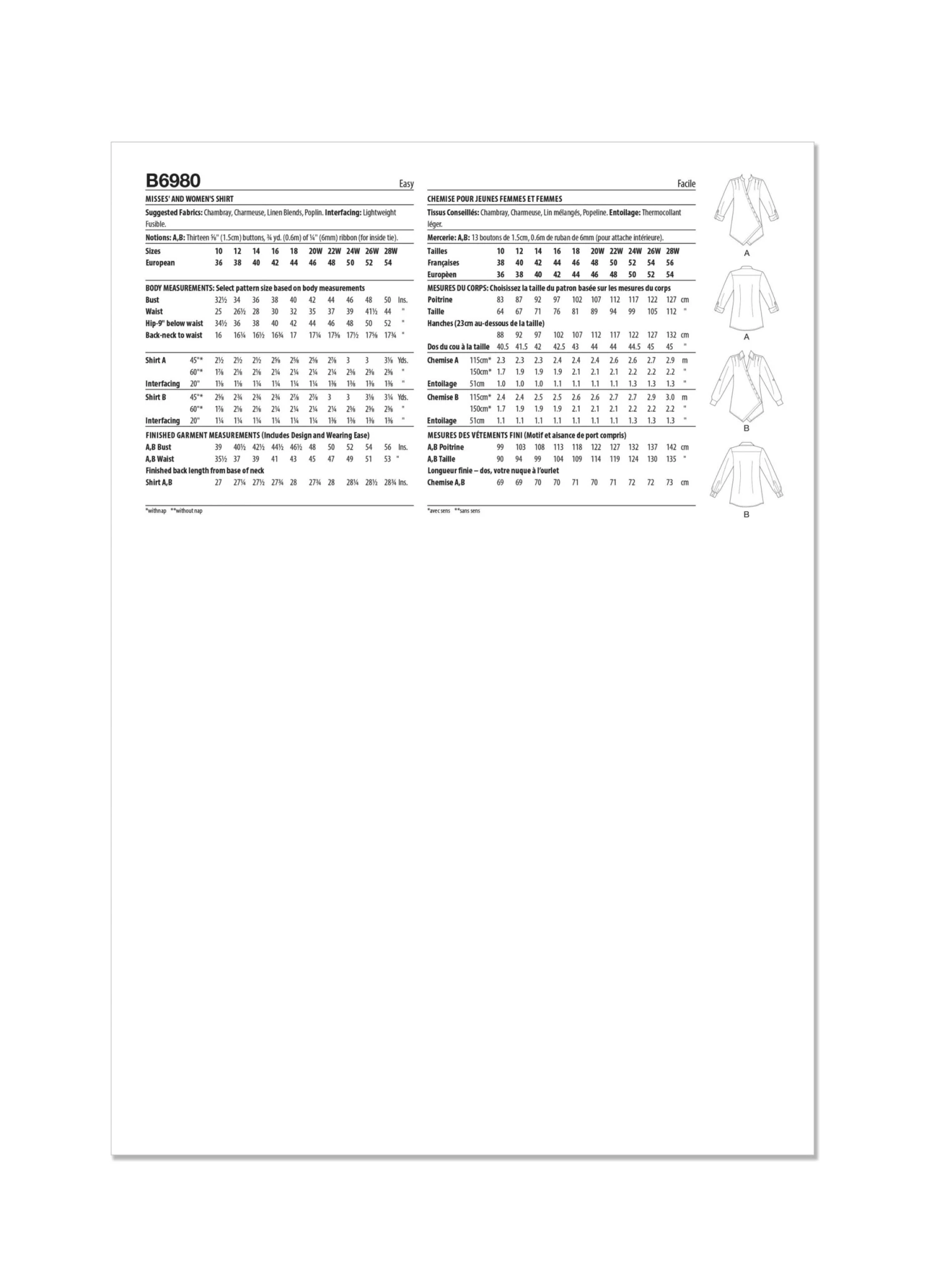 Butterick Sewing Pattern B6980 Misses' And Women's Shirt 5 Butterick Sewing Pattern B6980 Misses' And Women's Shirt - Image 5