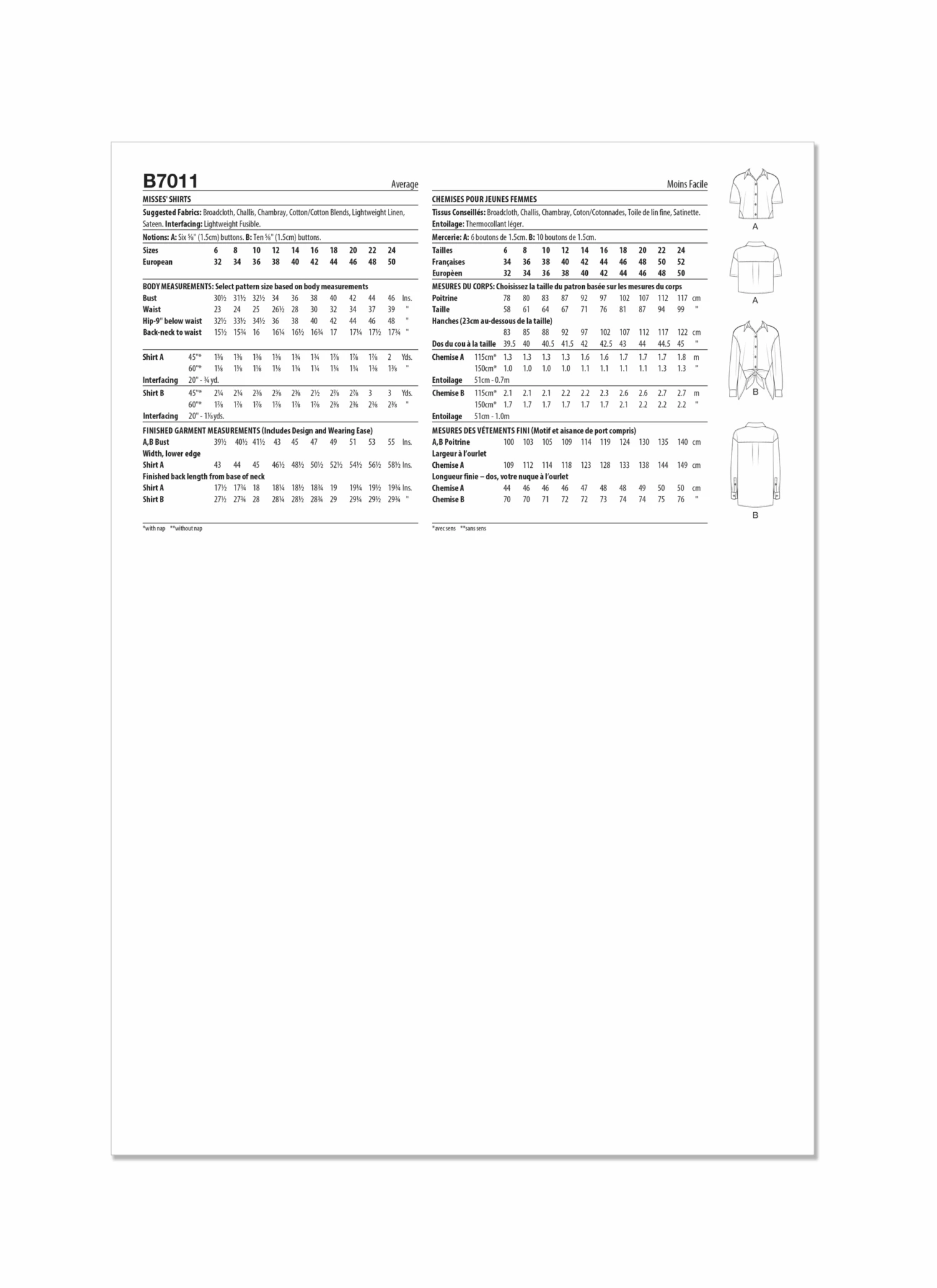 Butterick Sewing Pattern B7011 Misses' Shirts 6 Butterick Sewing Pattern B7011 Misses' Shirts - Image 6