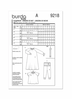 Burda Style Pattern 9218 Children's Sleepwear -Jaycotts Shop B9218 envelope back