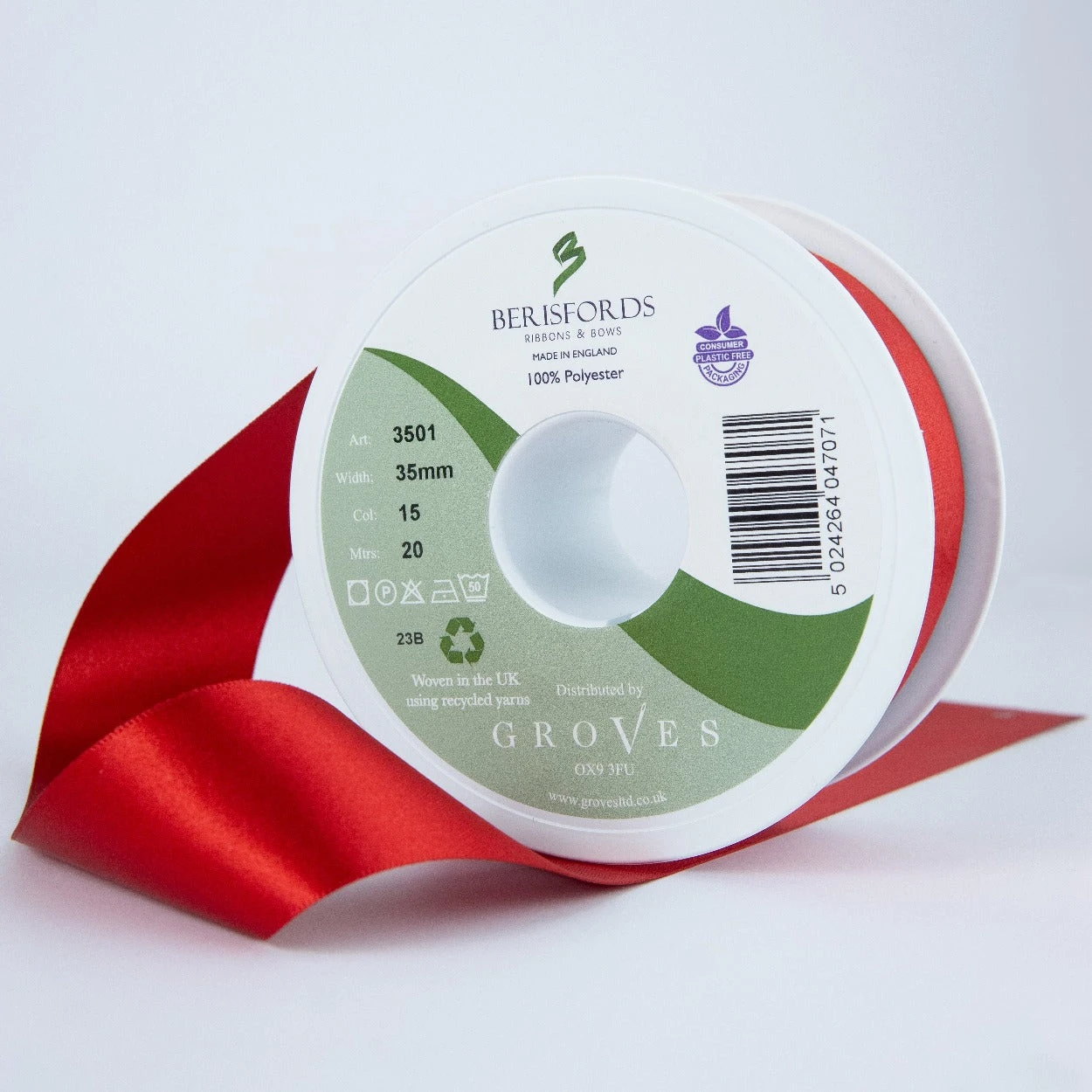 Berisfords Satin Ribbon, RED Colour 15 1 Berisfords Satin Ribbon, RED Colour 15