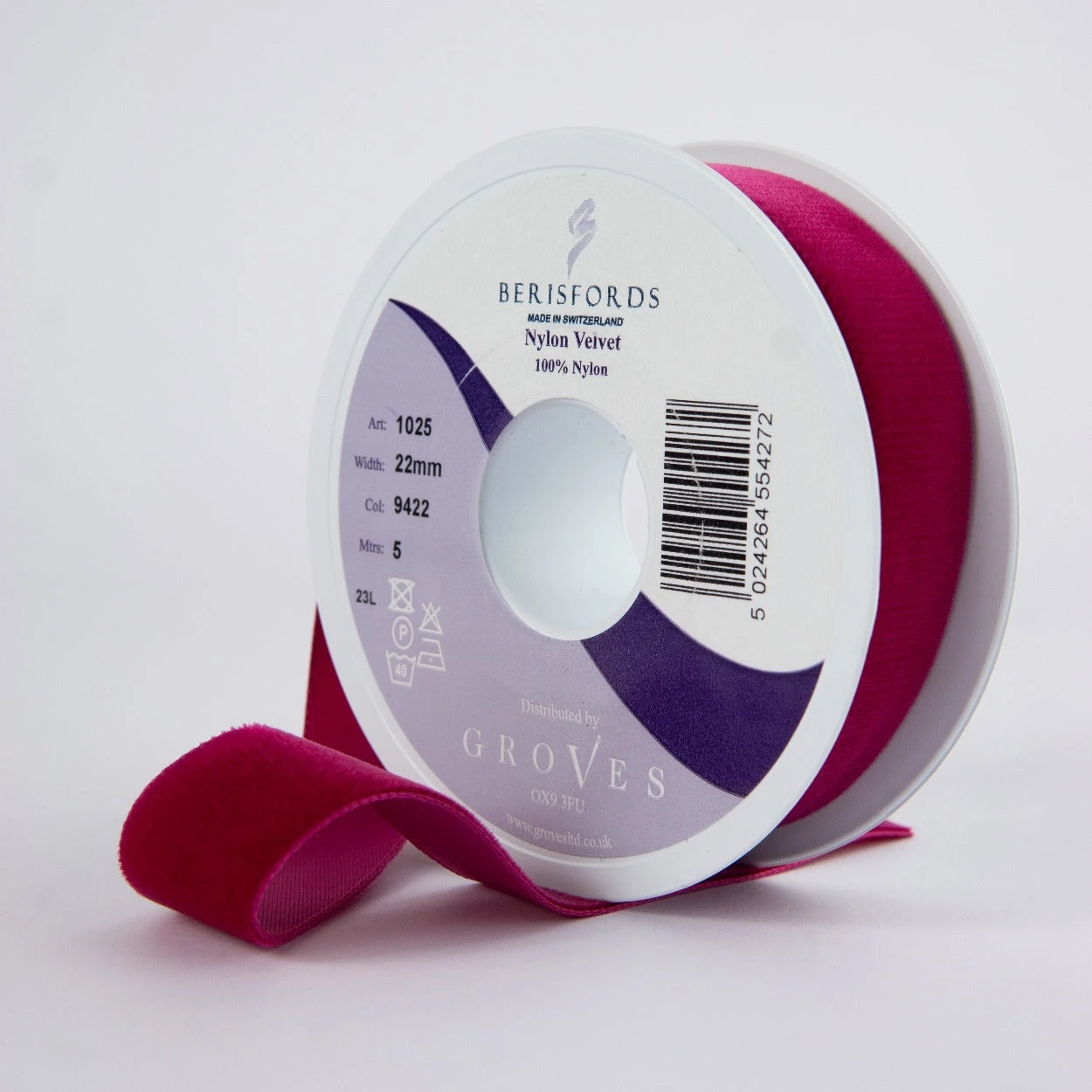 Berisfords Velvet Ribbon, Cardinal 1 Berisfords Velvet Ribbon, Cardinal