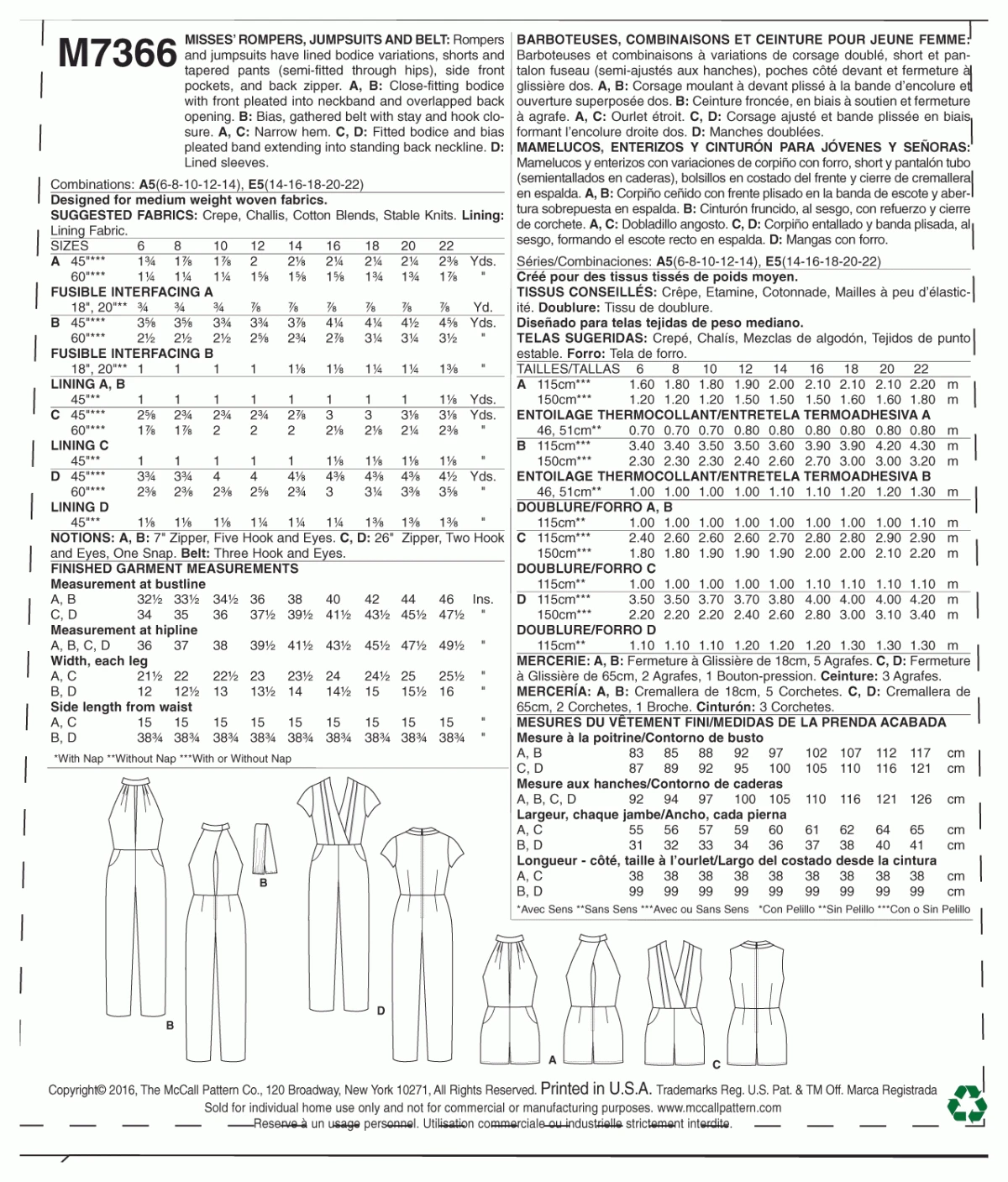 M7366 Misses' Pleated Rompers, Jumpsuits And Belt 5 M7366 Misses' Pleated Rompers, Jumpsuits And Belt - Image 5