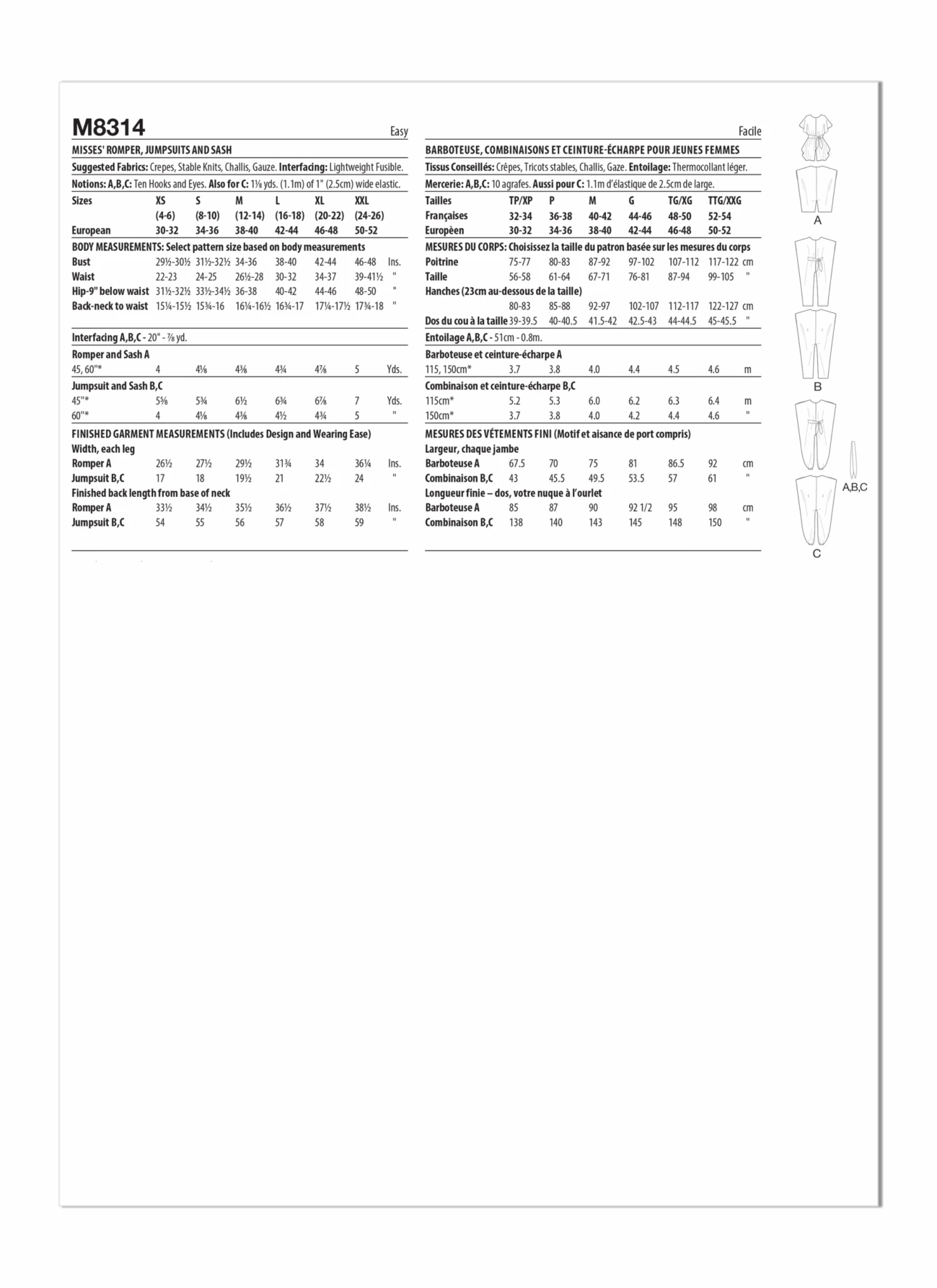 McCall's Sewing Pattern 8314 Romper, Jumpsuits And Sash 4 McCall's Sewing Pattern 8314 Romper, Jumpsuits And Sash - Image 4