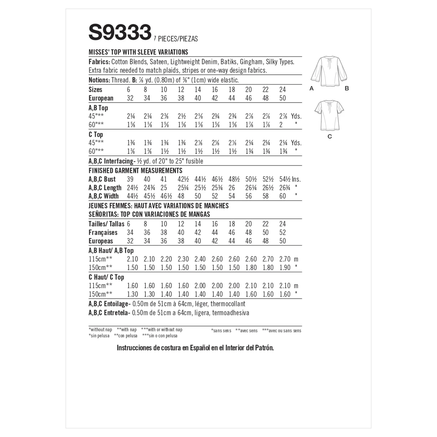 Simplicity Sewing Pattern S9333 Misses' Top With Sleeve Variations 5 Simplicity Sewing Pattern S9333 Misses' Top With Sleeve Variations - Image 5