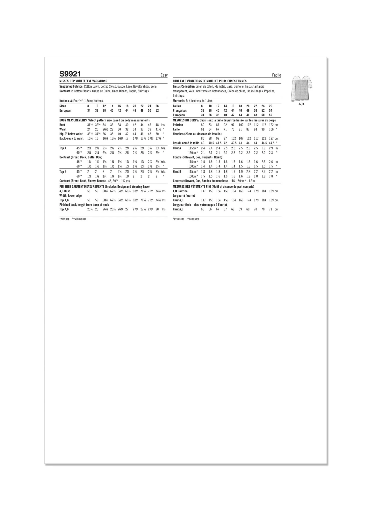 Simplicity Sewing Pattern 9921 Misses' Top With Sleeve Variations 4 Simplicity Sewing Pattern 9921 Misses' Top With Sleeve Variations - Image 4