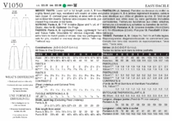 Vogue Sewing Pattern 1050 Misses' Trousers -Jaycotts Shop V1050 envelope back