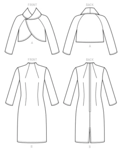 Vogue Sewing Pattern 1736 Lined Raglan-Sleeve Jacket And Funnel-Neck Dress -Jaycotts Shop V1736 line art