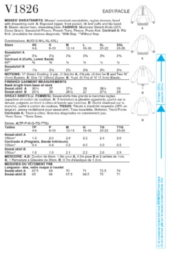 Vogue Sewing Pattern 1826 Misses' Sweatshirts 13 Vogue Sewing Pattern 1826 Misses' Sweatshirts -Jaycotts Shop V1826 envelope back