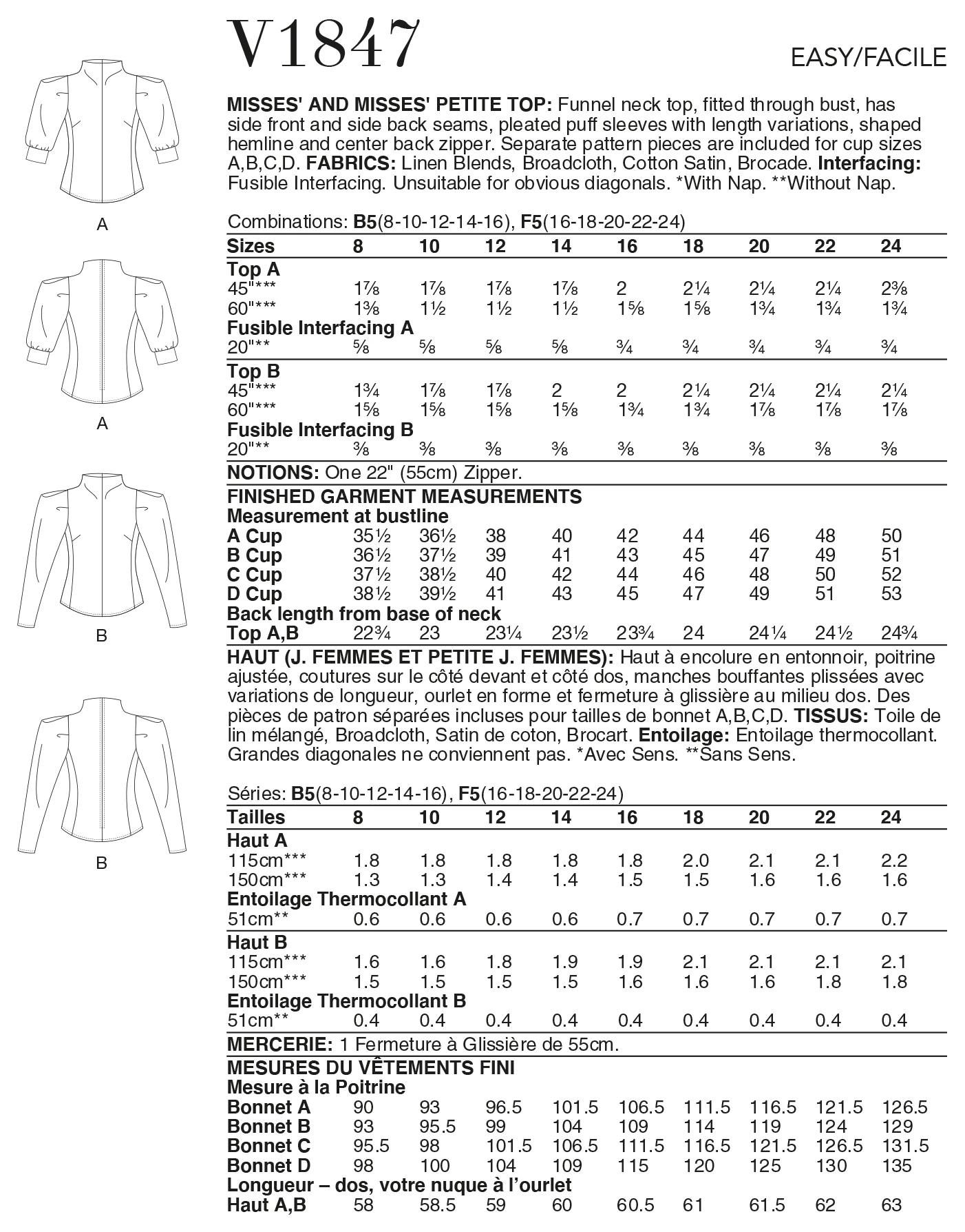 Vogue 1847 Petite Puff-Sleeve Top Pattern 5 Vogue 1847 Petite Puff-Sleeve Top Pattern - Image 5