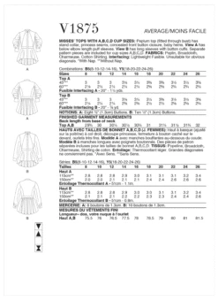 Vogue Sewing Pattern 1875 Misses' Tops 10 Vogue Sewing Pattern 1875 Misses' Tops -Jaycotts Shop V1875 envelope back