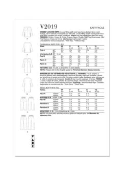 Vogue Sewing Pattern 2019 Misses' Lounge Sets By Marcy Tilton -Jaycotts Shop V2019 envelope back