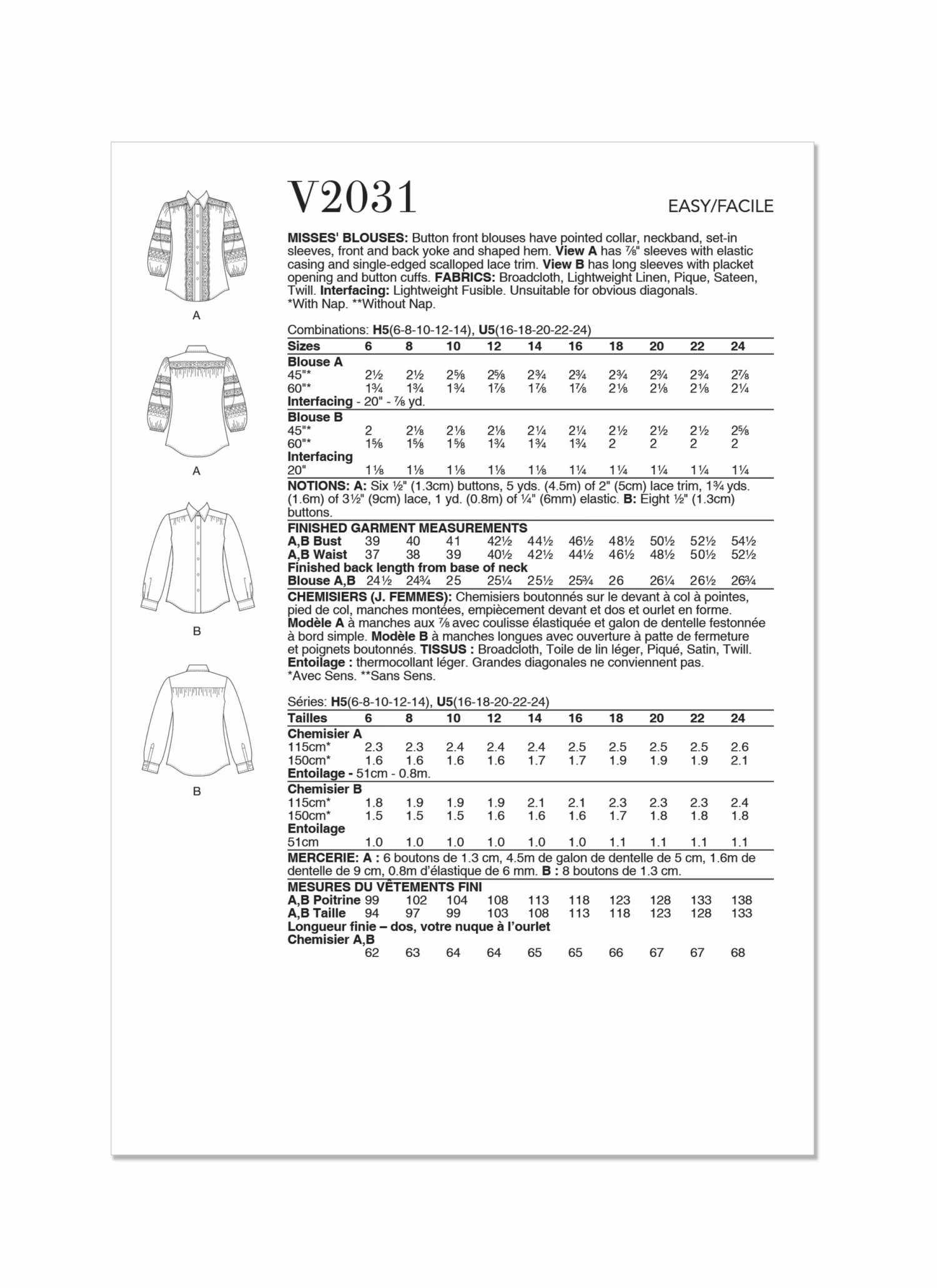 Vogue Sewing Pattern 2031 Blouses 6 Vogue Sewing Pattern 2031 Blouses - Image 6