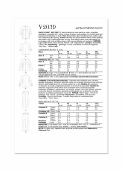 Vogue Sewing Pattern 2039 Unisex Shirt And Pants -Jaycotts Shop V2039 envelope back