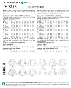 Vogue Pattern 9243 Misses' Princess Seam Tops With Flared Sleeve Variations -Jaycotts Shop V9243