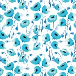 Vivid Watercolours Organic Cotton Fabric, Blue Poppies
